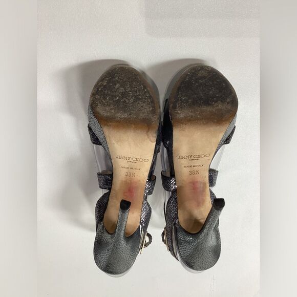 Jimmy Choo Vamp Metallic Silver & Black Platform Heel Sandals Size EU 38.5 - Picture 10 of 14